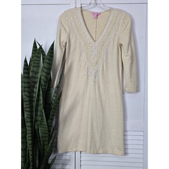 Lilly Pulitzer Clarkson Dress Womens Size S Cream Camel Embroidered 3/4 Sleeves - Picture 1 of 7